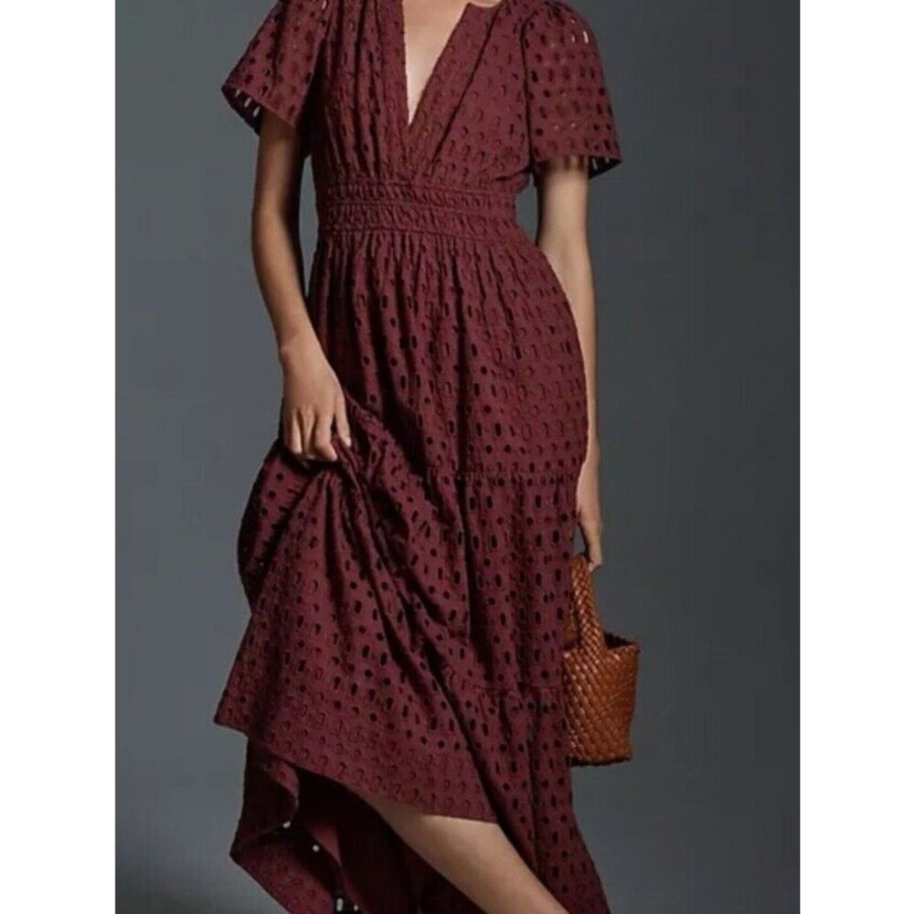 Anthropologie Somerset Tiered Maxi Dress Eyelet Edition in Brown
